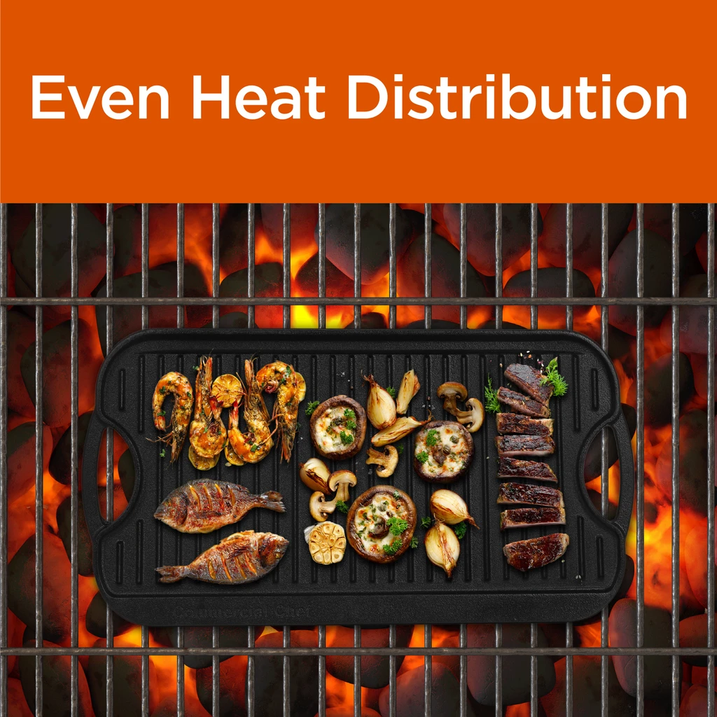 Commercial Chef Cast Iron Griddle, Reversible Grill Griddle With Dual Handles