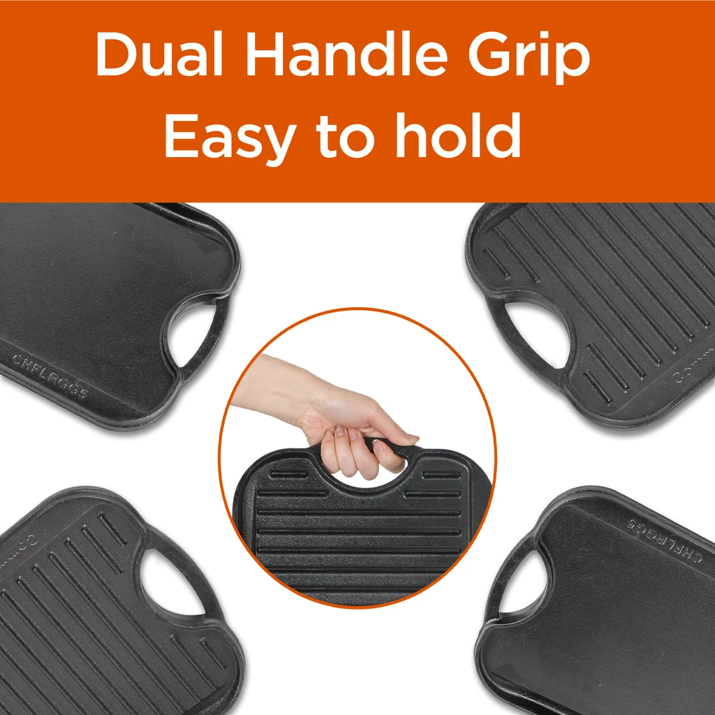 Commercial Chef Cast Iron Griddle, Reversible Grill Griddle With Dual Handles