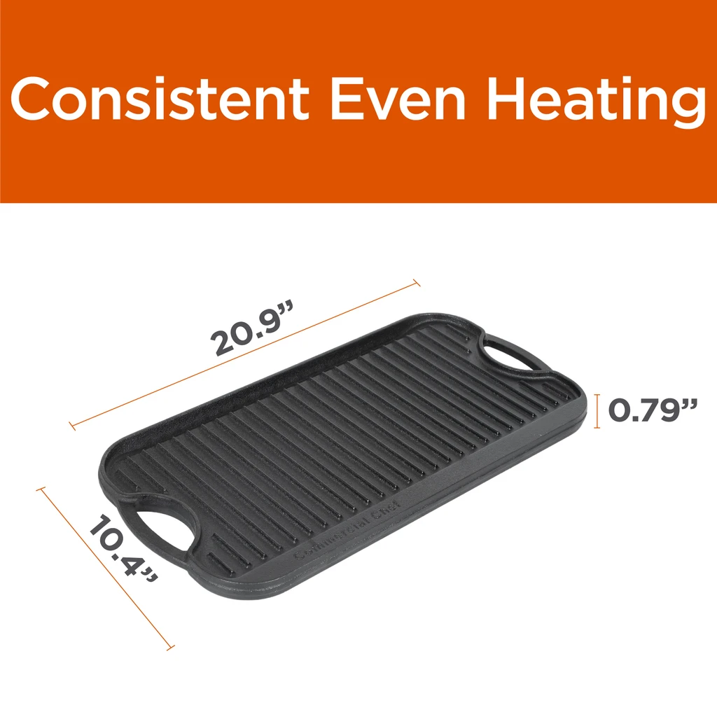 Commercial Chef Cast Iron Griddle, Reversible Grill Griddle With Dual Handles