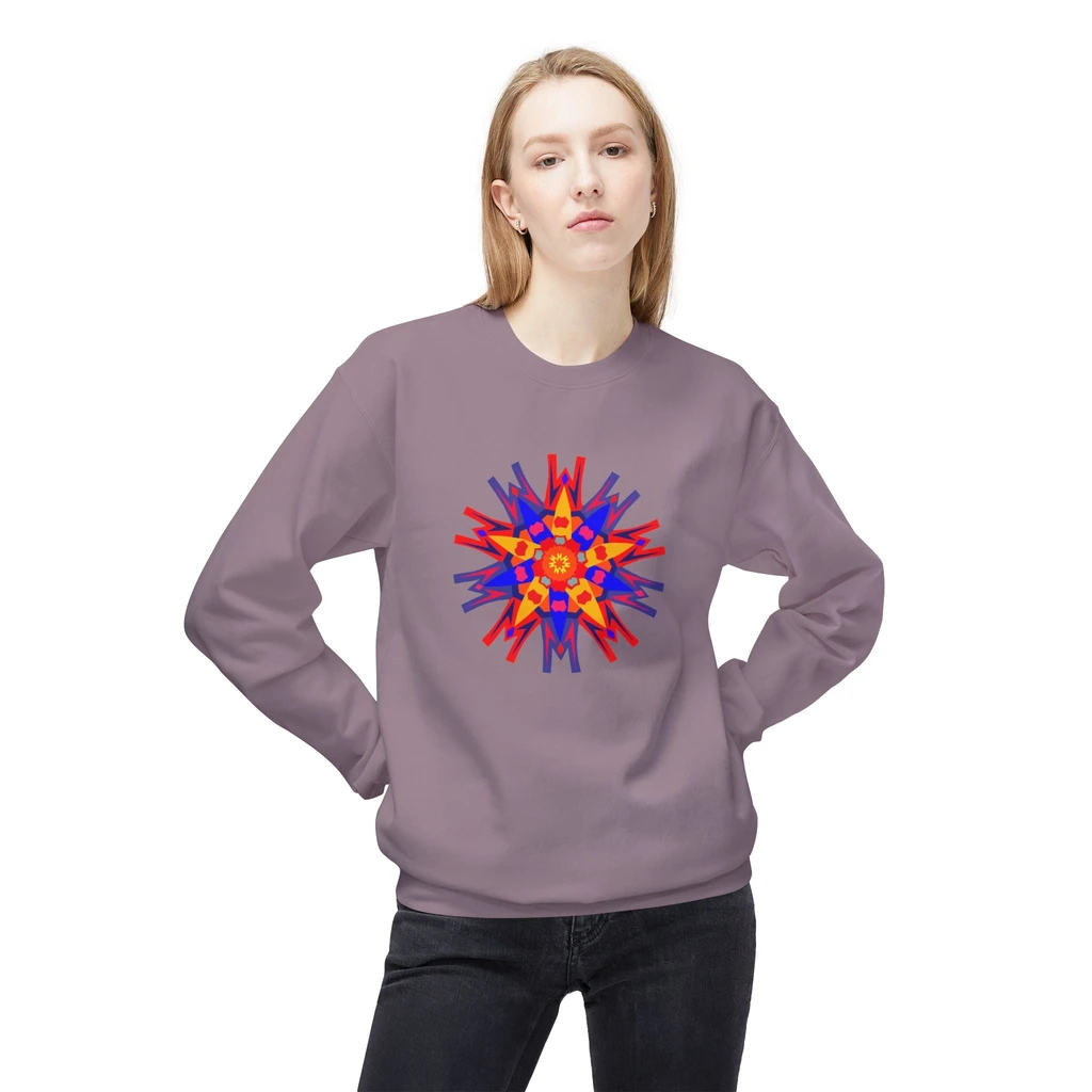 Geo Designs on Clothing Sarah Molloy New Zealand Eastern Peace Flower Geometric Fleece Sweatshirt - Blue/Red Print