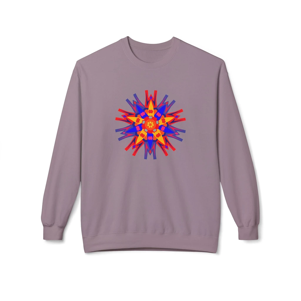 Geo Designs on Clothing Sarah Molloy New Zealand Eastern Peace Flower Geometric Fleece Sweatshirt - Blue/Red Print