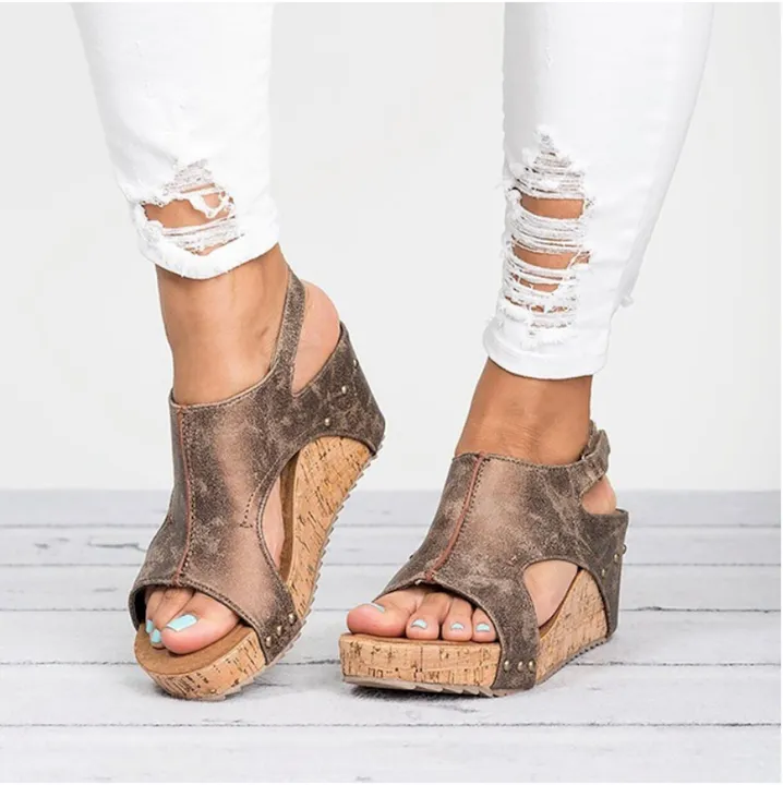 Onetify Stylish Vegan Leather Cork Wedge Sandals for Summer