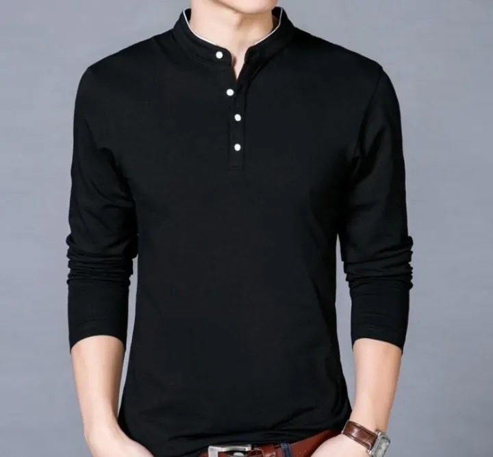 undefined Mens Stand Collar Long Sleeve Top in Gray, White, Black