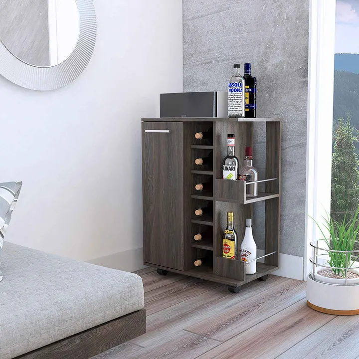 FM FURNITURE Tennessee Bar Cart, One Cabinet With Division, Six Cubbies