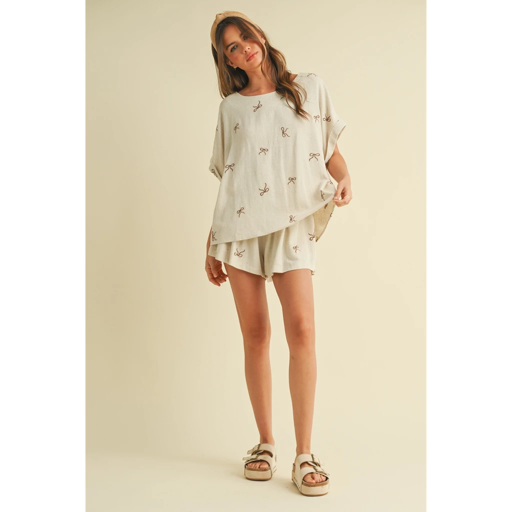 Evercado Bow Embroidered Oversized Top and Shorts Set