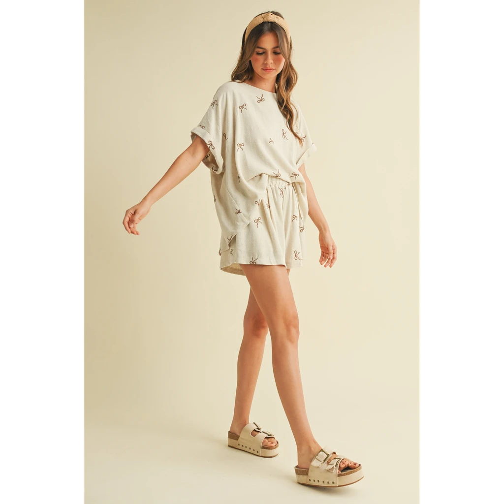 Evercado Bow Embroidered Oversized Top and Shorts Set