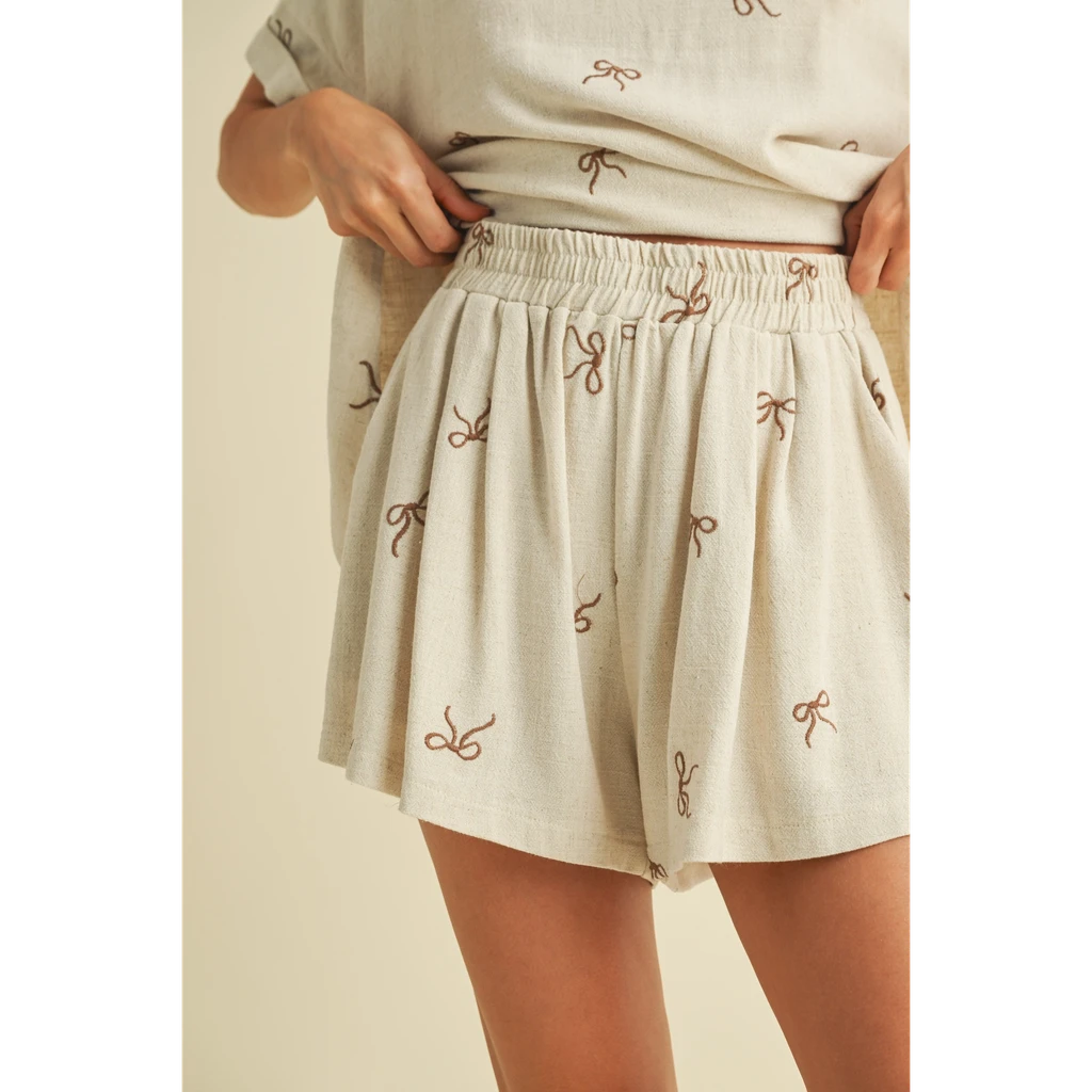 Evercado Bow Embroidered Oversized Top and Shorts Set