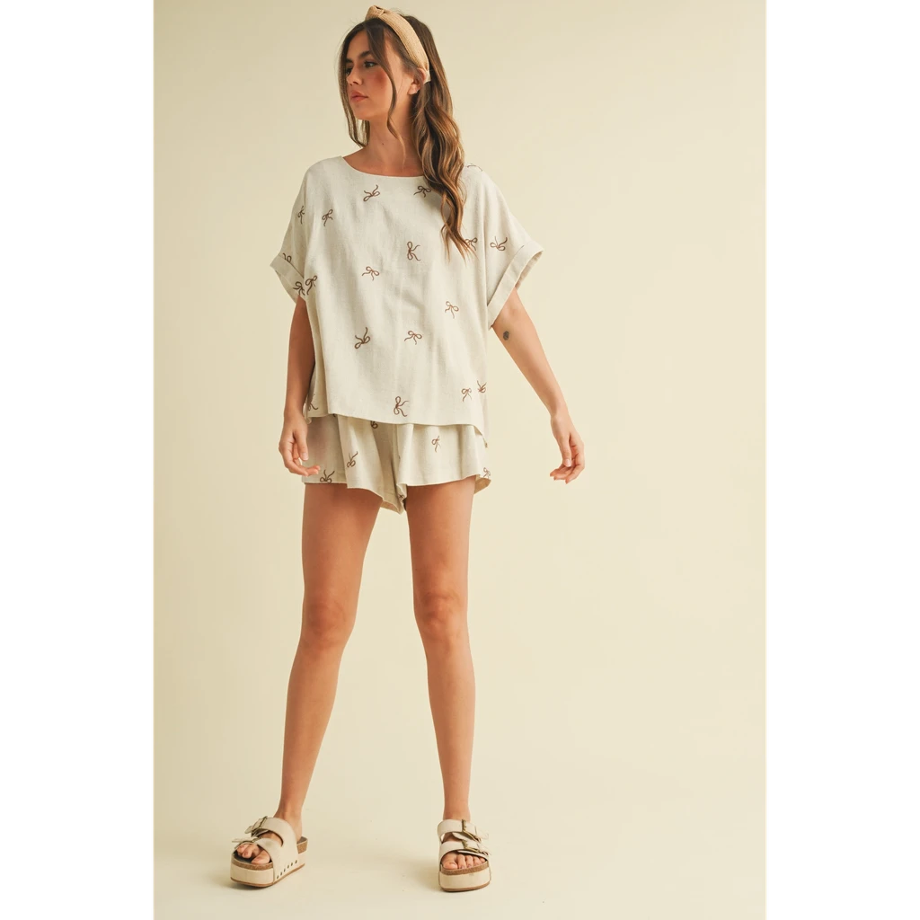 Evercado Bow Embroidered Oversized Top and Shorts Set