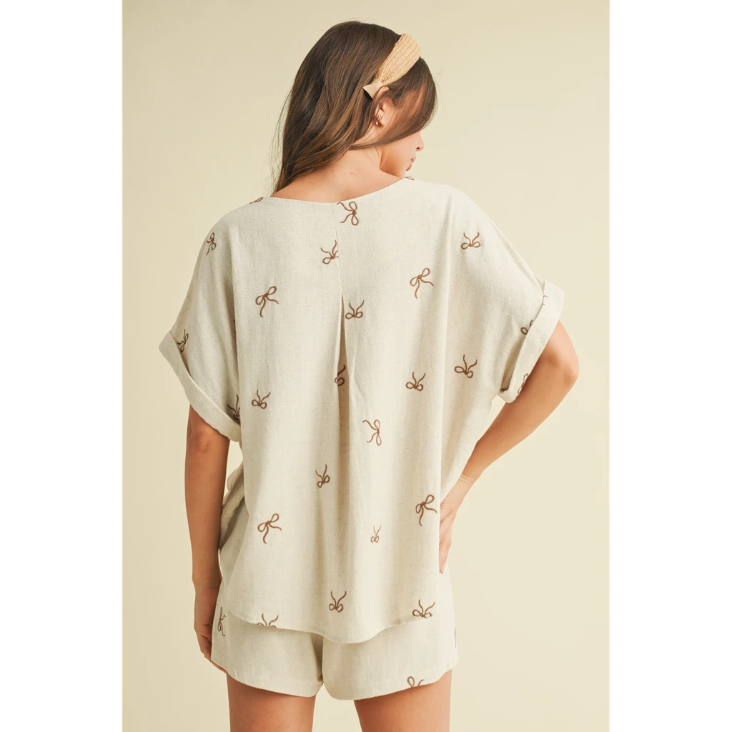 Evercado Bow Embroidered Oversized Top and Shorts Set