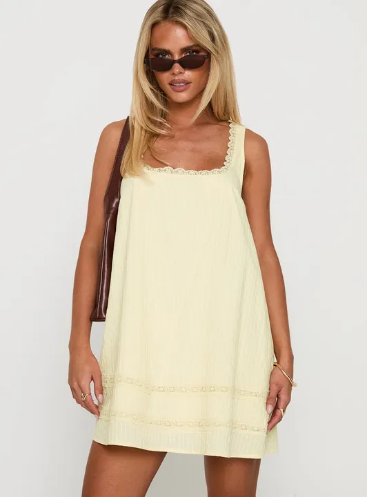Princess Polly Lace Trim Mini Dress with Crochet Hem in Lemon