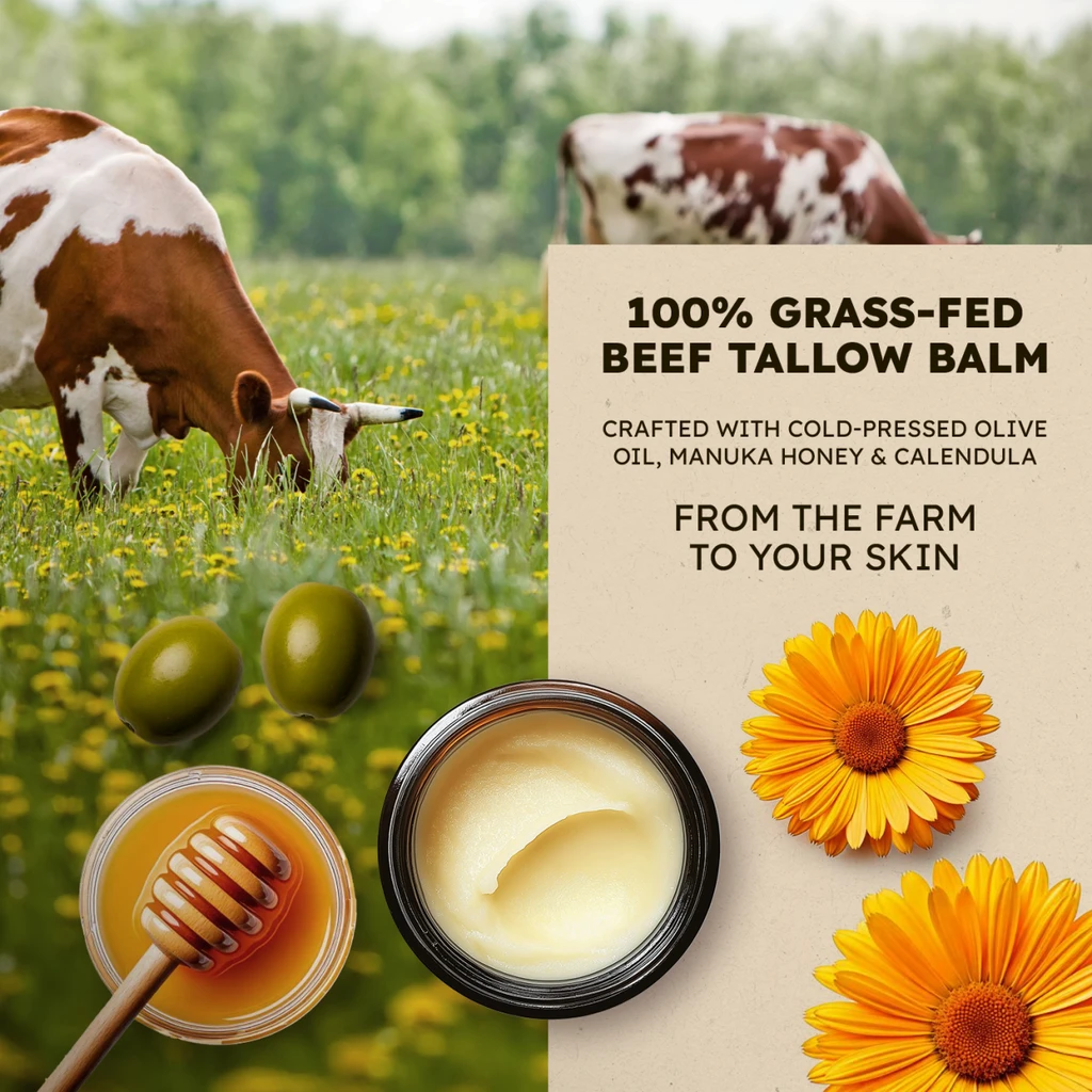 Real good tallow  Real Good Tallow and Honey Balm - 100% Grass Fed & Finished Beef Tallow Face Moisturizer with Manuka Honey, Olive Oil & Calendula - 4 oz - Lotion for Real Good Skin -  Made In USA