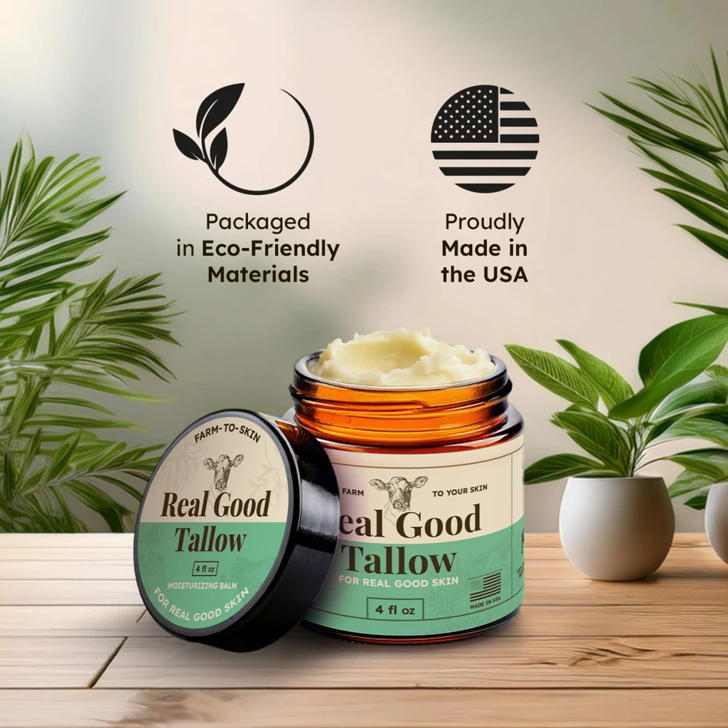 Real good tallow  Real Good Tallow and Honey Balm - 100% Grass Fed & Finished Beef Tallow Face Moisturizer with Manuka Honey, Olive Oil & Calendula - 4 oz - Lotion for Real Good Skin -  Made In USA