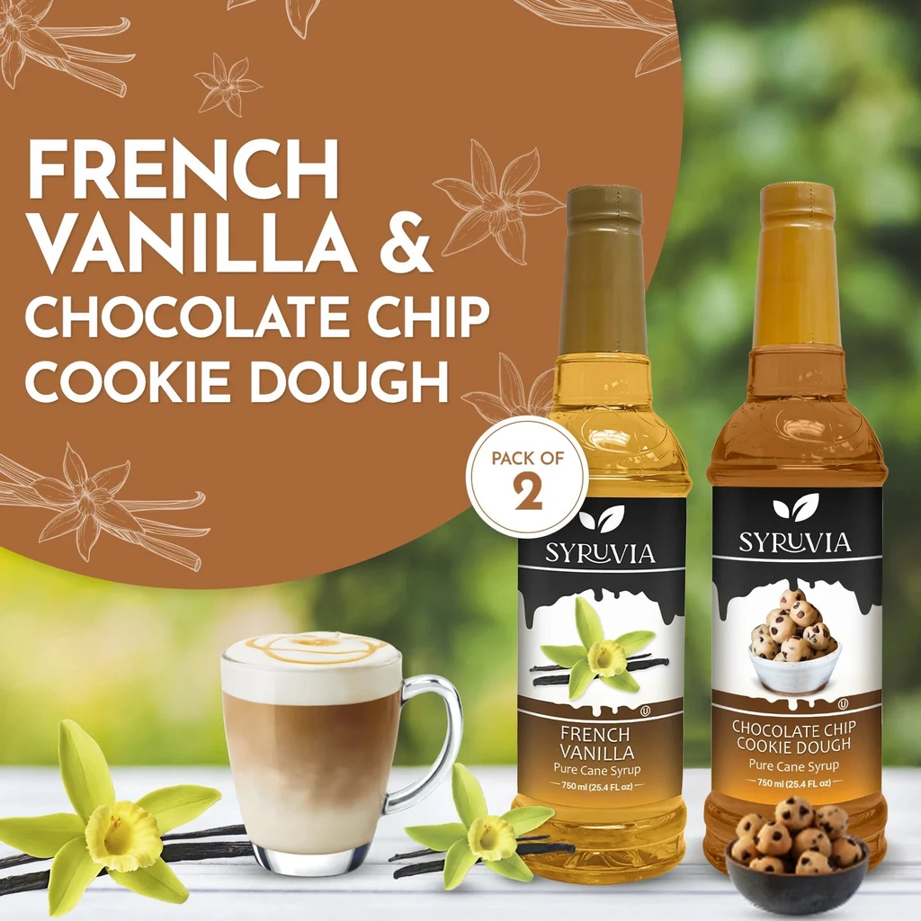 Syruvia Variety Pack - French Vanilla, Chocolate Chip Cookie Coffee Syrup