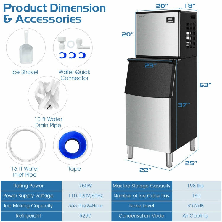 Directdeals 353lbs/24H Commercial Ice Maker With 198lbs Bin