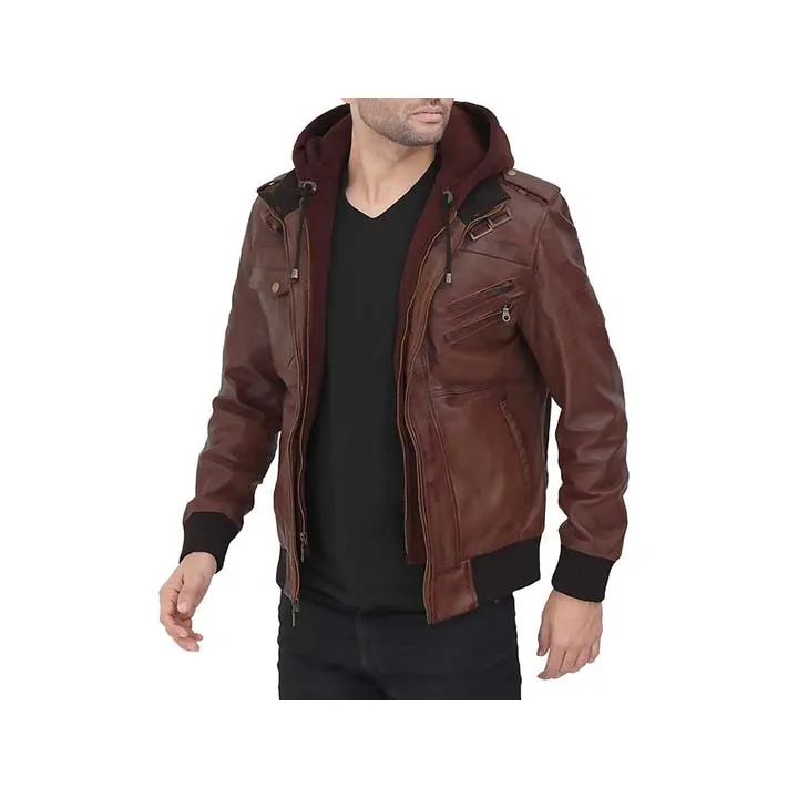 Jacket Store USA Men's Guerrilla Hooded Bomber Leather Jacket