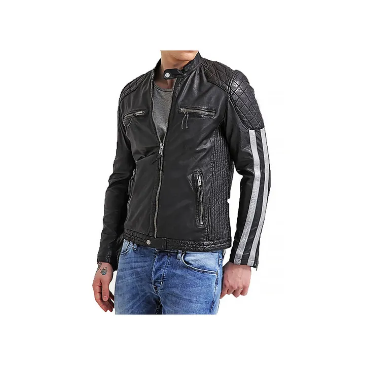Jacket Store USA Men's Double Striped Snap Collar Moto Jacket