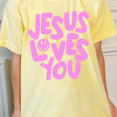 Poppy Pine Smiley Jesus Loves You Puff Youth Tee