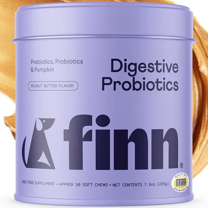 Finn Digestive Probiotics for Dogs | Peanut Butter Flavor | Relieves Gas, Bloating & Upset Stomach with Prebiotics, Probiotics & Postbiotics