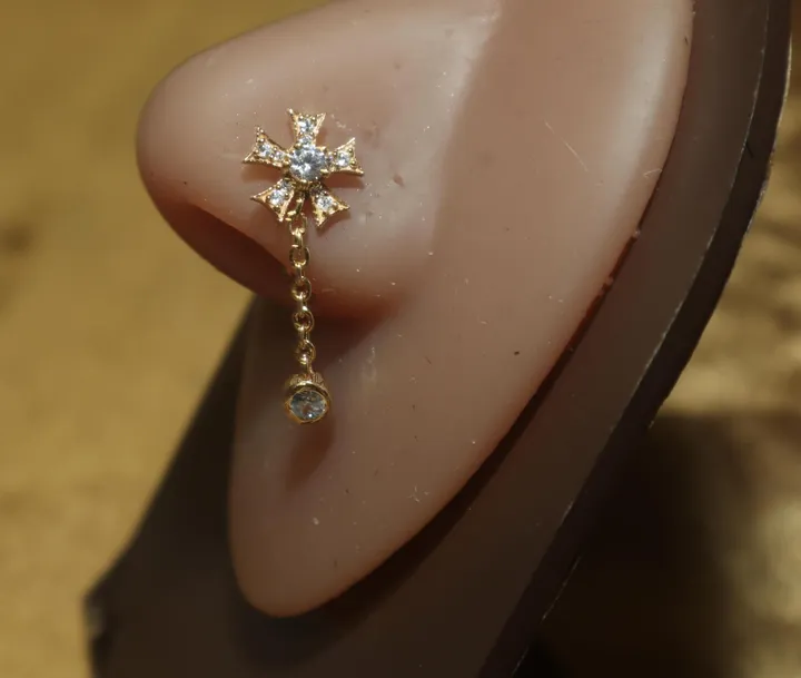 YonidaPunani Five Petal Flower Dangle Chain Nose Stud