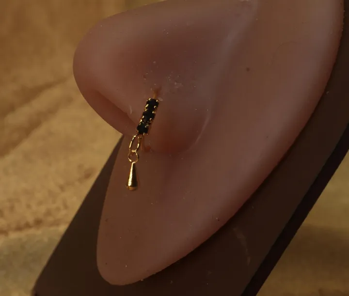 YonidaPunani Elegant Black Gemstone with Teardrop Dangling Nose hoop