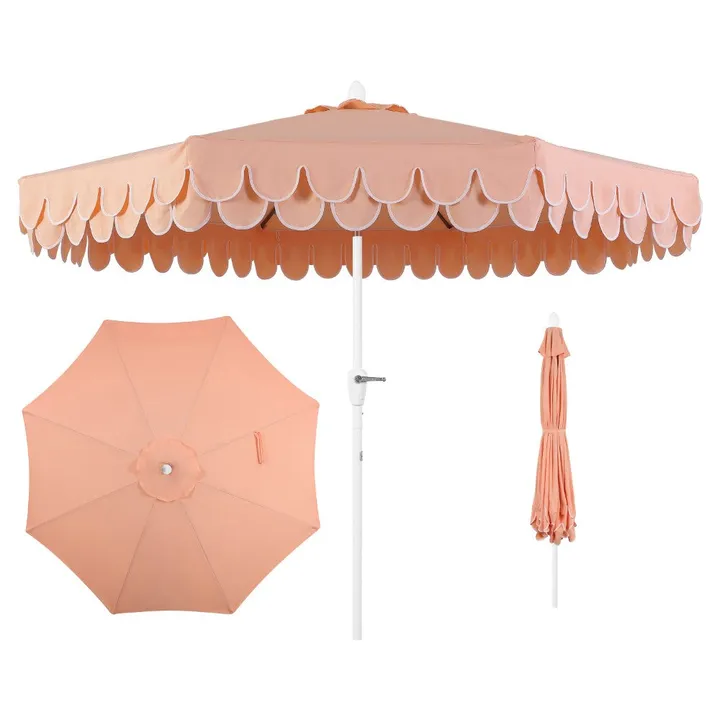 JONATHAN Y Classic MidCentury Scalloped Fringe Market Patio Umbrella