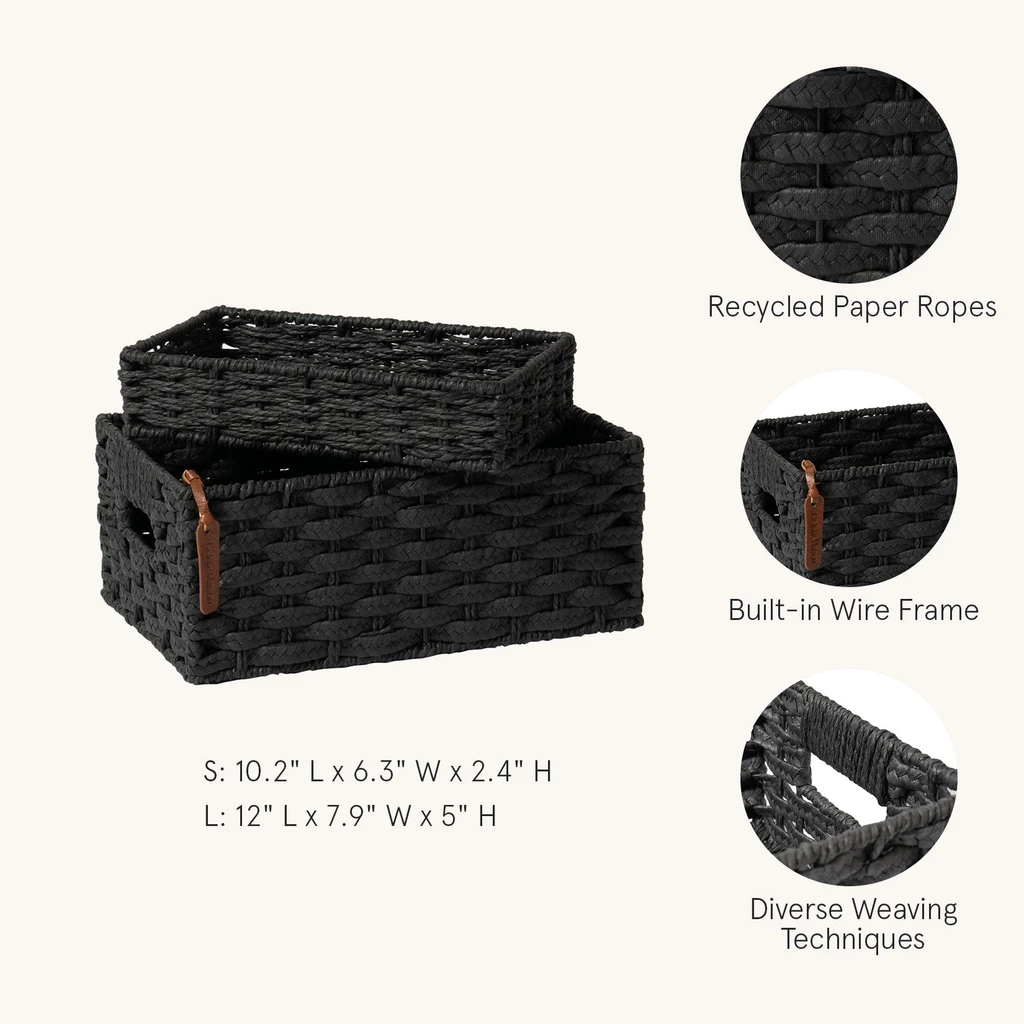 La Jolie Muse Lily - Maison Ebony Hand-woven Paper Rope Rectangular Storage Basket