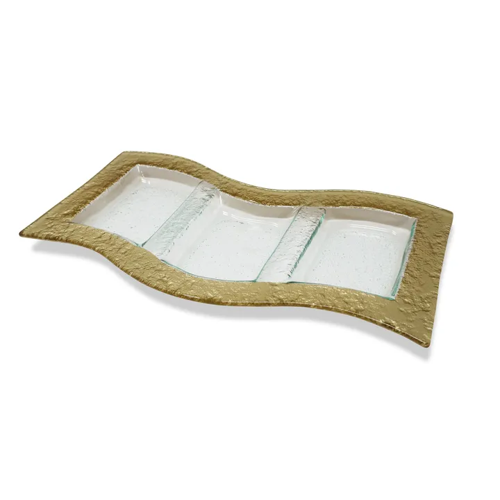 Classic Touch Glass 3 Sectional Wavy Relish Dish with Gold Border