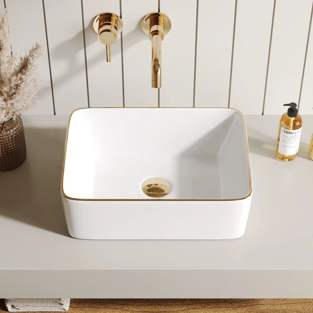 DeerValley Bath Rectangular Vessel Sink With Gold Trim