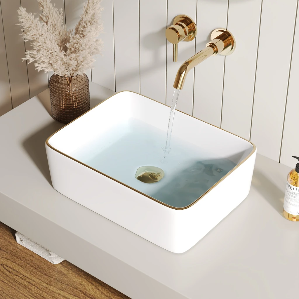 DeerValley Bath Rectangular Vessel Sink With Gold Trim