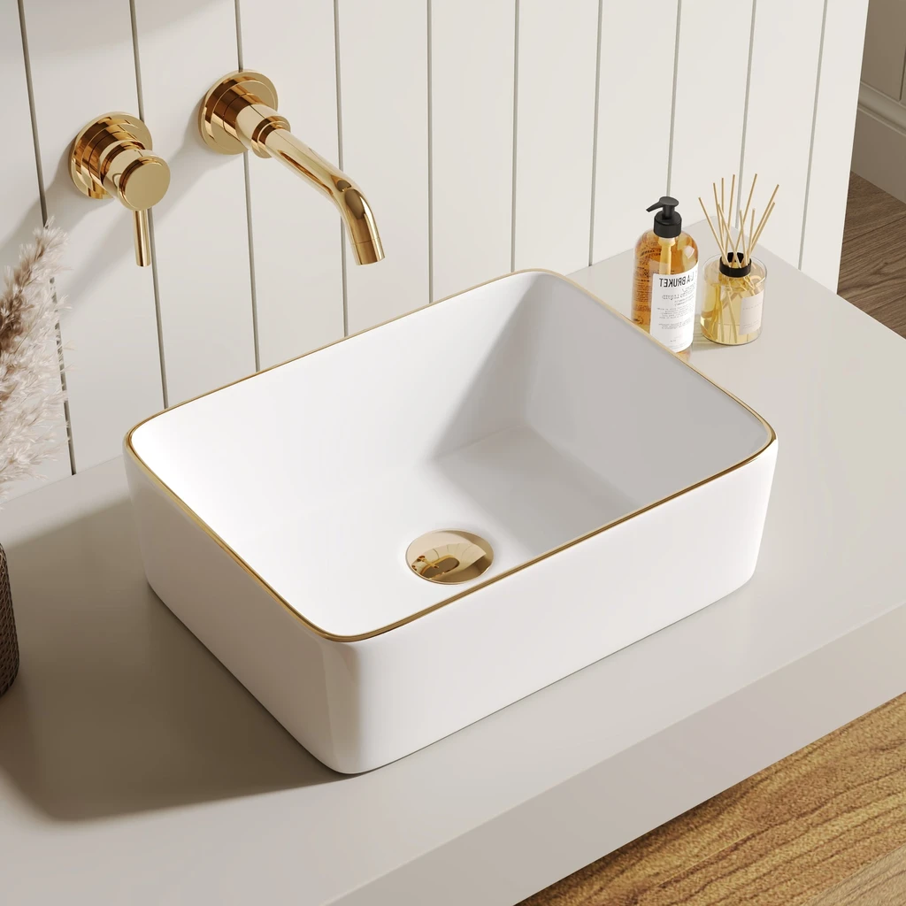 DeerValley Bath Rectangular Vessel Sink With Gold Trim