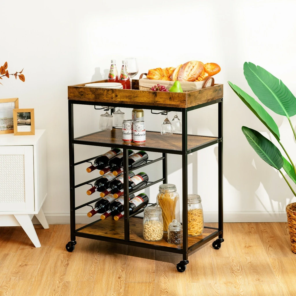 Directdeals 3-Tier Rustic Wood Rolling Kitchen Serving Cart with Wine Rack