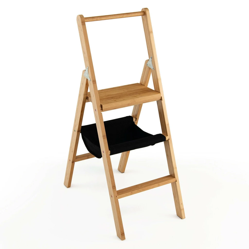 Directdeals 3 Step Foldable Bamboo Step Ladder with Tool Storage