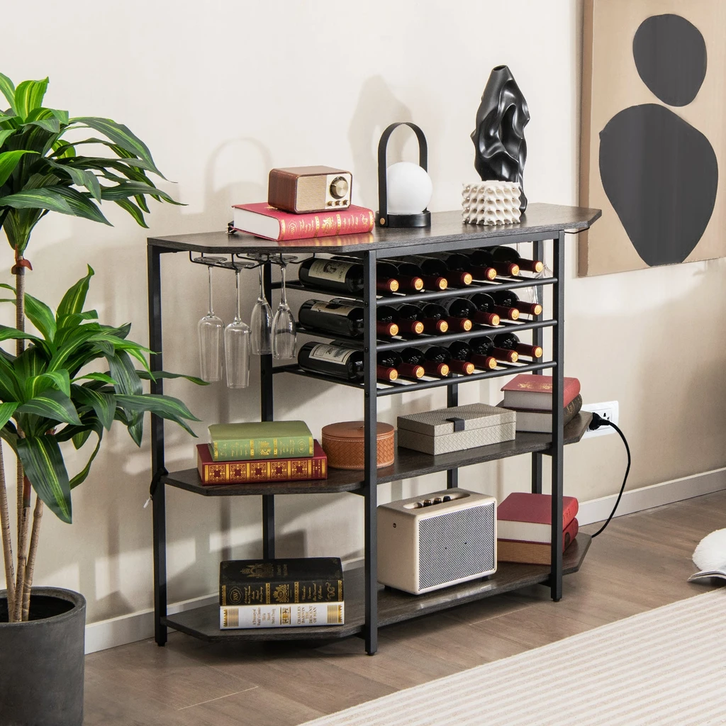 Directdeals 3-Tier Gray Wine Bar Cabinet with Charging Station