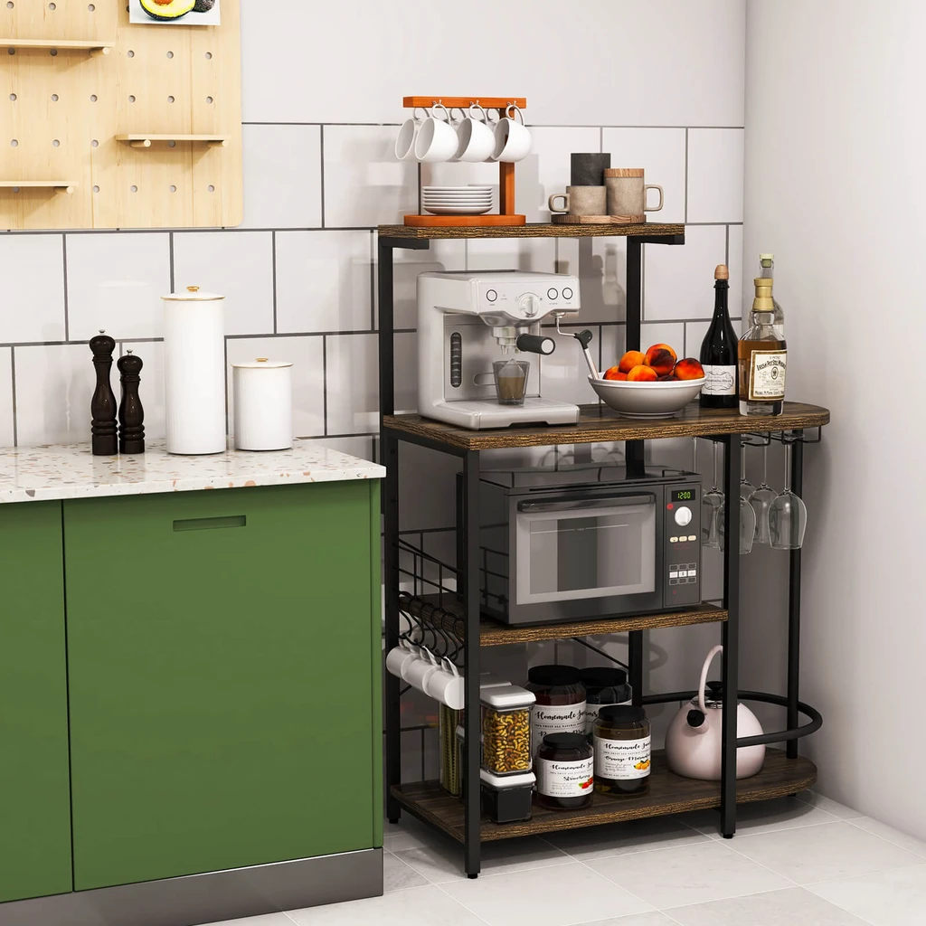 Directdeals 4-Tier Rustic Brown Kitchen Bakers Rack with S-Hooks