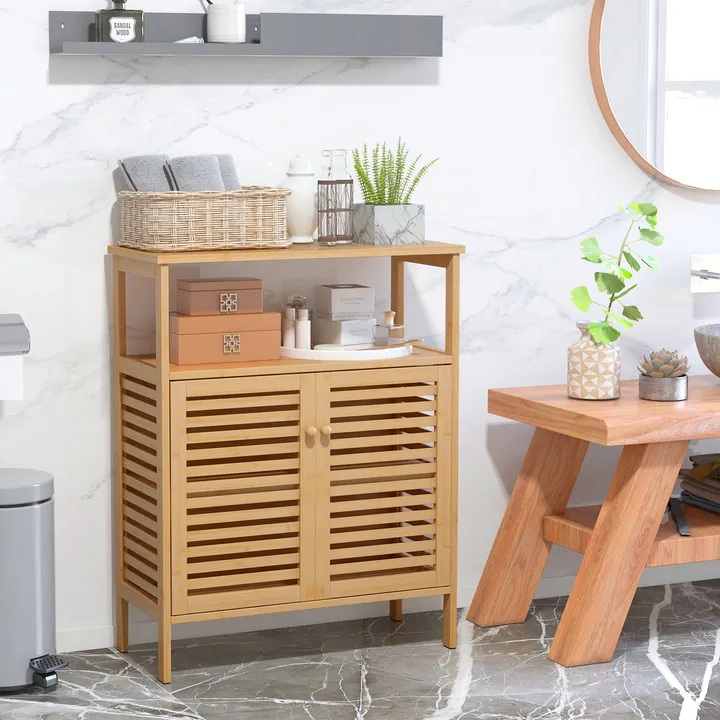 Directdeals Bamboo Bathroom Floor Storage Cabinet With Shutter Doors-Natural