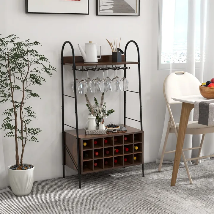 Directdeals Rustic Brown Baker's Rack with Wine Storage & Stemware Holder