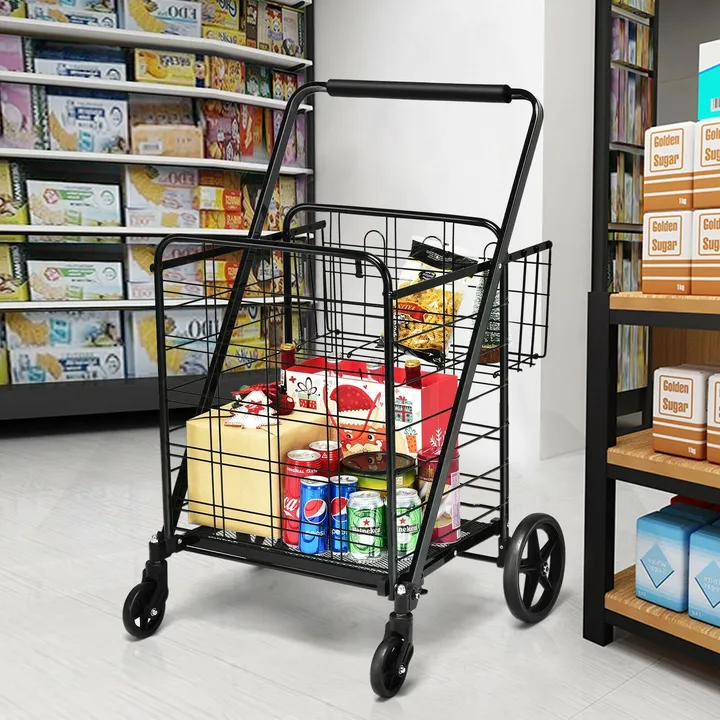 Directdeals Heavy Duty Folding Utility Shopping Double Cart - Black
