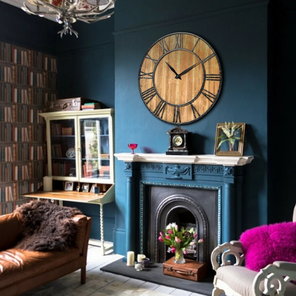 Directdeals Round Wall Clock Decorative Wooden Silent Clock With Battery