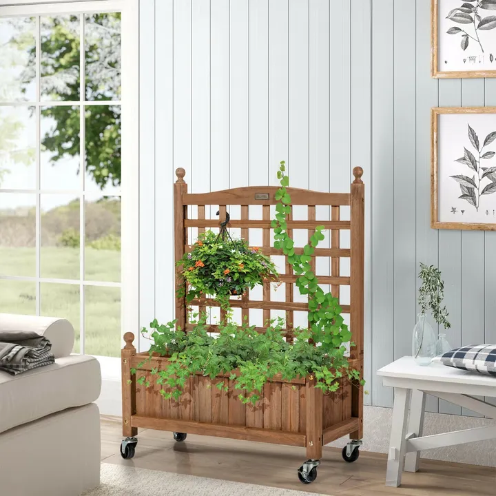 Directdeals 32in Mobile Raised Bed Planter Box with Trellis for Climbing Plants