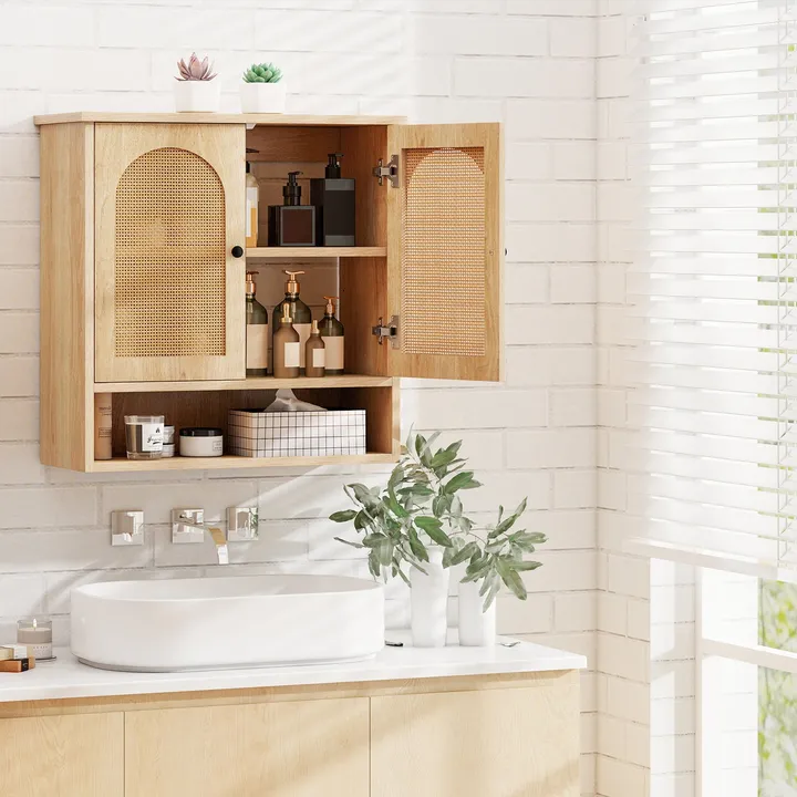 Directdeals Bathroom Wall Cabinet with Adjustable Shelves & Rattan Doors