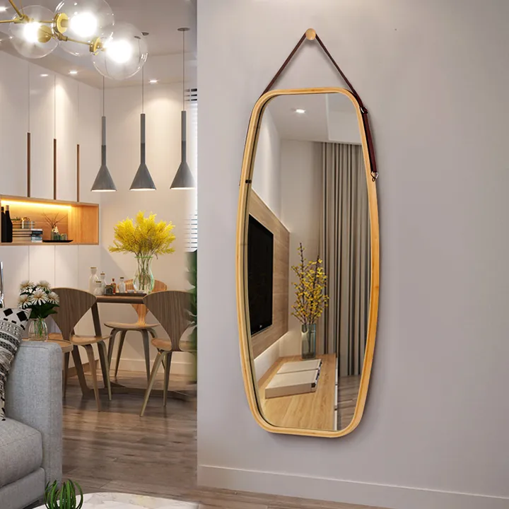 Directdeals Adjustable Bamboo Frame Wall Mirror with Leather Strap