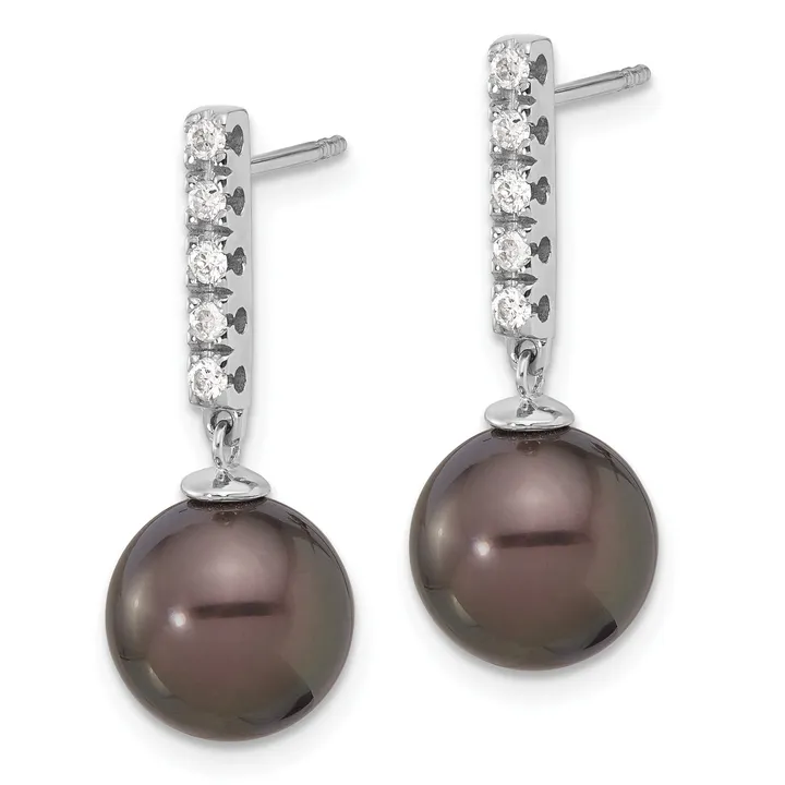 Fine Color Jewels 14K White Gold Tahitian Pearl and Diamond Dangle earrings – elegant black pearl  earrings for women