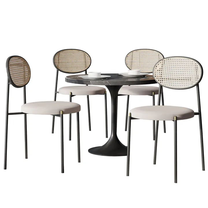 LeisureMod Verve Dining Set W/ 36" Round Table Black Top & Pedestal W/ Chairs