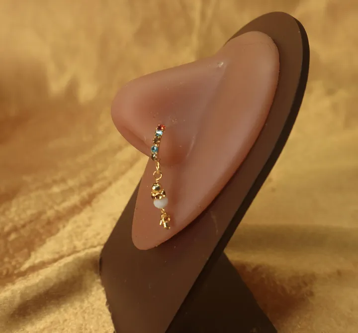 YonidaPunani Vibrant Gemstones and White Ball Hanging Nose Hoop