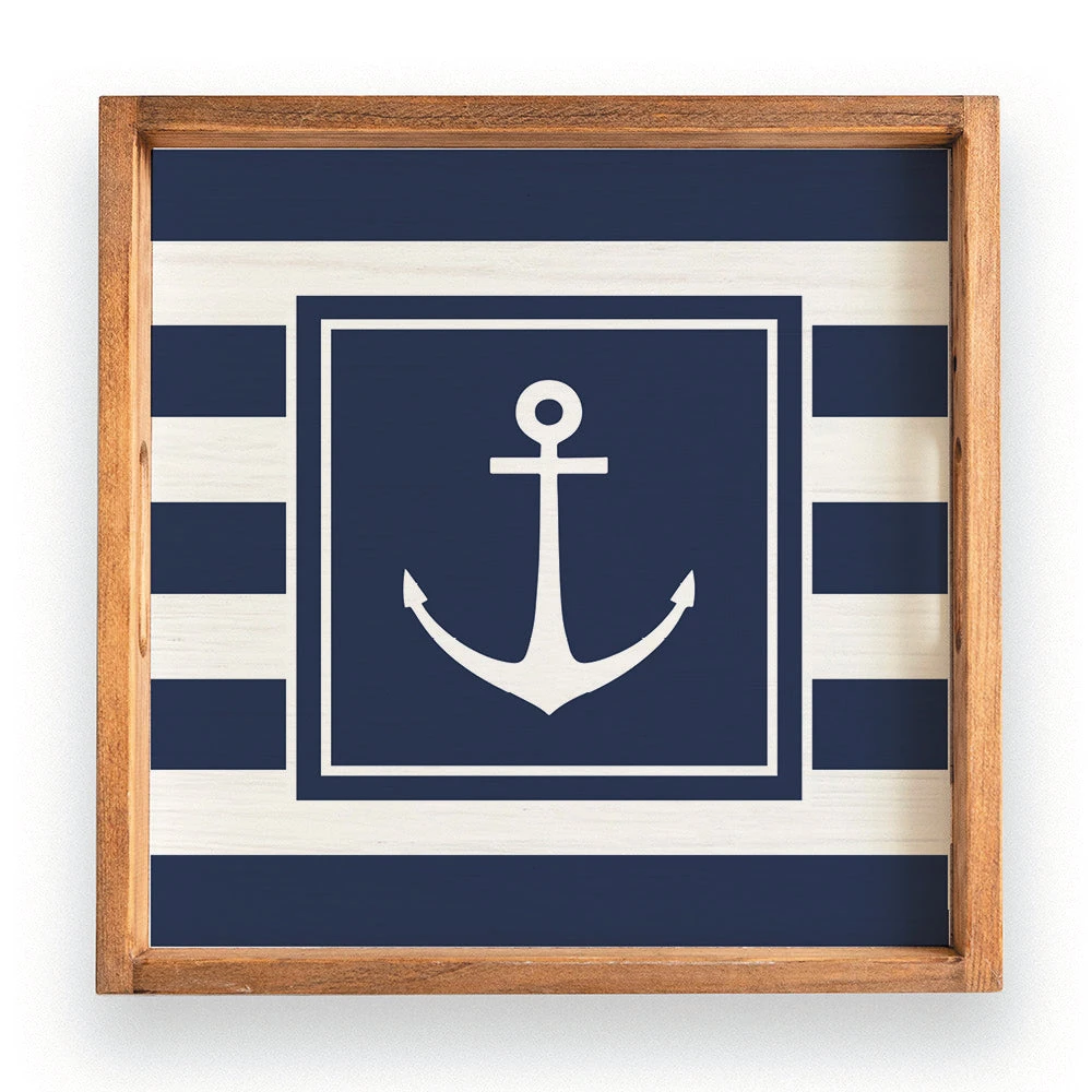Rustic Marlin Navy Anchor Stripes Wooden Serving Tray