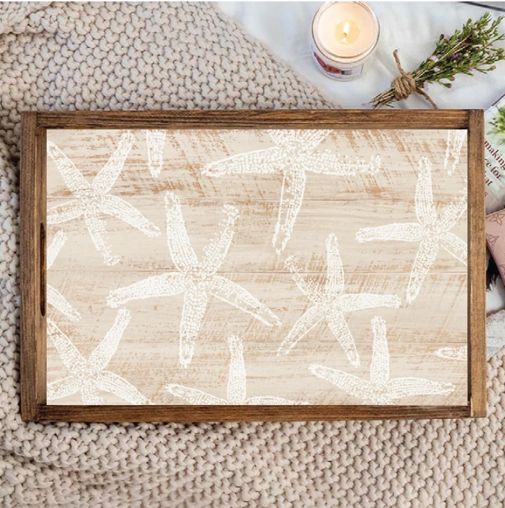 Rustic Marlin Neutral Starfish Wooden Serving Tray