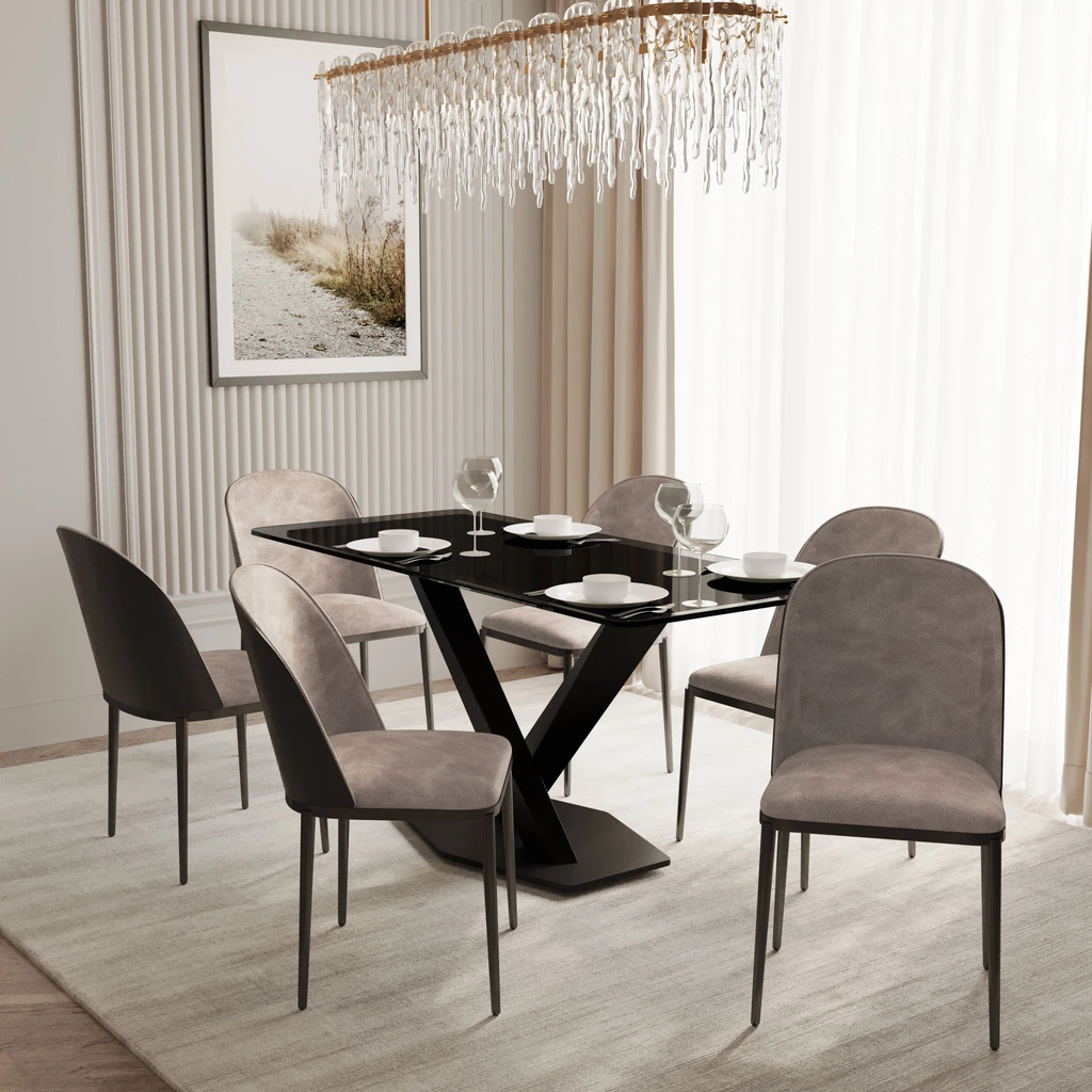 LeisureMod Voren 7-Piece Dining Set with 55" Rectangular Dining Table - Suede