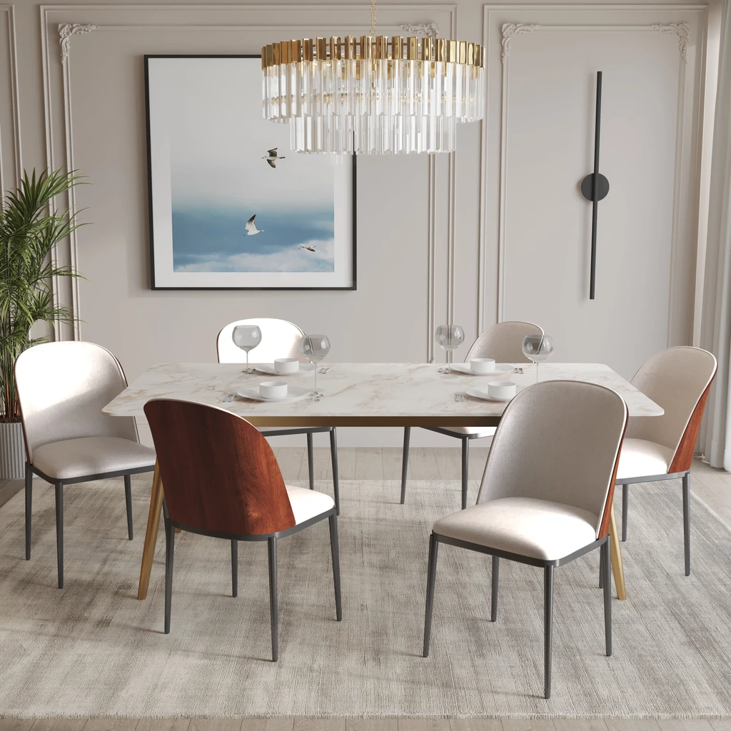 LeisureMod Zayle 7-Piece Dining Set with 55" Rectangular Dining Table - Velvet