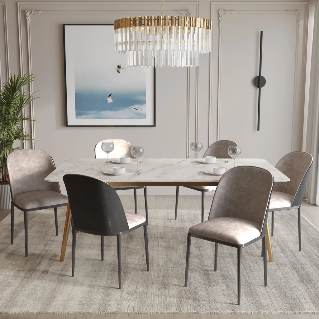 LeisureMod Zayle 7-Piece Dining Set with 55" Rectangular Dining Table - Suede