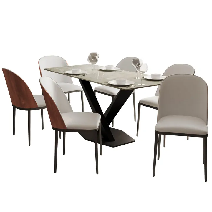 LeisureMod Voren 7-Piece Dining Set with 55" Rectangular Dining Table - Leather